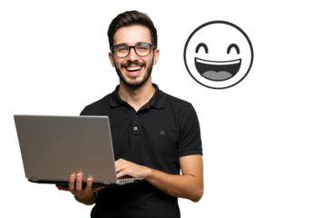 Smiling man holding laptop with happy emoji on transparent background