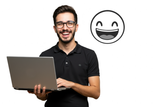 Smiling man holding laptop with happy emoji on transparent background