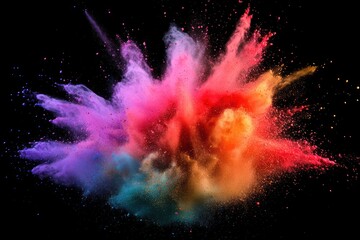 Artistic blast of color powder particles, isolated on black, intense saturation