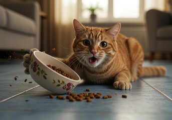 Mischievous Orange Tabby Cat Tipping Over Food Bowl on Kitchen Floor - A candid and humorous close-up shot of an expressive orange tabby cat, caught in the act of knocking over its food bowl.