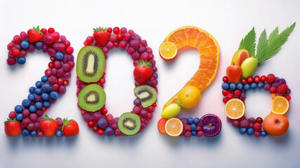 Creative 2026 typography made from colorful fruits including berries, kiwi, citrus, and tropical elements on white background. Vibrant concept for New Year celebration, healthy eating, or food art.
