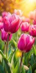Fototapeta premium Vibrant pink tulips swaying in the warm sunlight