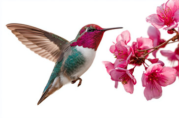 Fototapeta premium The hummingbird is hovering near the red flowers, sipping nectar from them against a green background