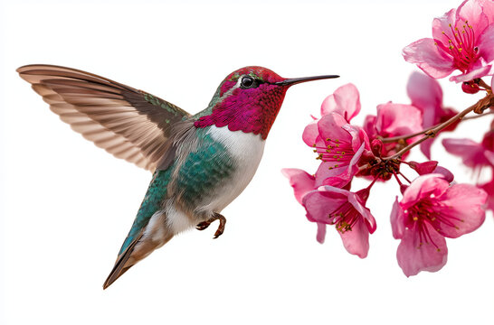 The hummingbird is hovering near the red flowers, sipping nectar from them against a green background - Powered by Adobe