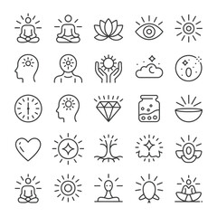 Collection of twentyfive minimalist black line icons depicting meditation spirituality enlightenment wellness selfcare concepts including lotus sun diamond heart clock symbols