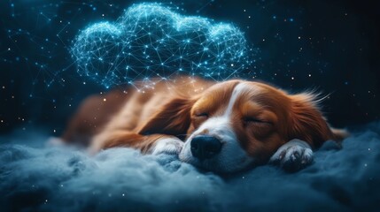 Kooikerhondje puppy dreaming with cloud computing and artificial intelligence