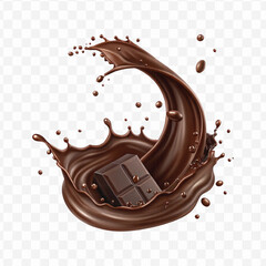 realistic 3d chocolate fluid splash flow with drops, bubbles  in curve style isolated on transparent background
