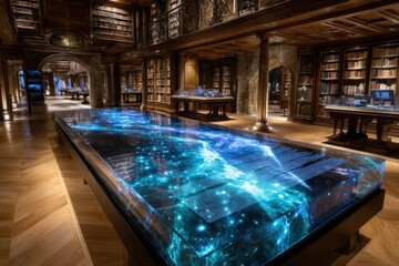 Stunning library interior featuring glowing cosmic display and rich wooden architecture