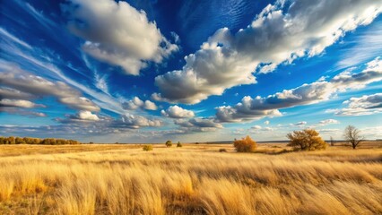 Fototapeta premium Dry grassland under clear blue sky with sweeping clouds