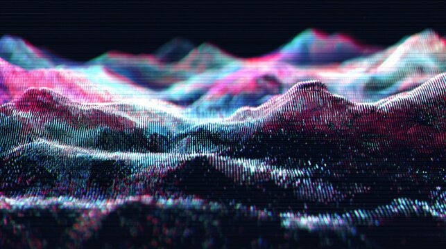 Vibrant Abstract Digital Mountain Landscape with Glitch Effects and Neon Colors Background.