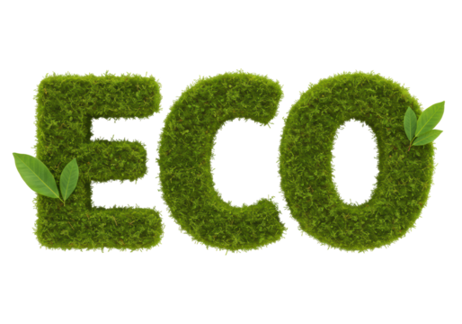 Isolated Green Moss Covered 'ECO' Text with Leaves