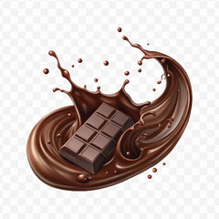 realistic 3d chocolate fluid splash flow with drops, bubbles  in curve style isolated on transparent background