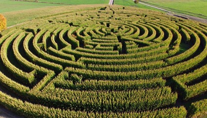 Naklejka premium Aerial view of a large, intricate corn maze, showcasing winding paths and a complex design.
