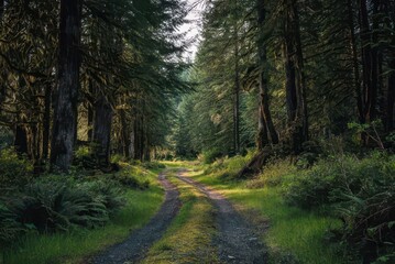 Fototapeta premium Mossy dirt road winding through lush green temperate rainforest