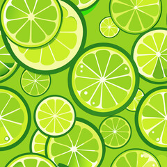 a vibrant seamless pattern featuring various sizes of lime slices in different shades of green and yellow.