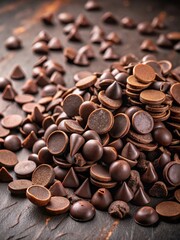 Naklejka premium Pile of assorted dark chocolate chips scattered on a surface