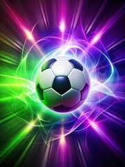 Naklejka premium Vibrant purple and green abstract background with a glowing energy field surrounding a soccer ball