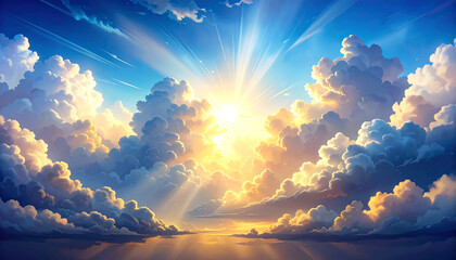Dramatic digital illustration of stormy clouds parting to reveal a radiant sun and atmospheric sky