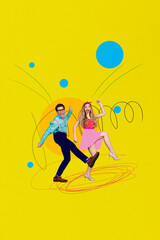 Trend artwork sketch montage 3D collage of couple young lady man excited smile dance moving weekend...