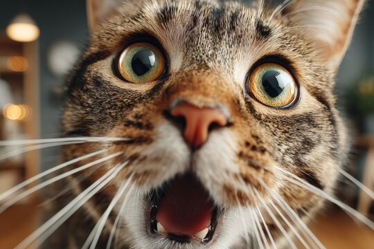 Extreme close-up of a tabby cat with wide green eyes and open mouth, expressing shock or surprise indoors with soft background bokeh