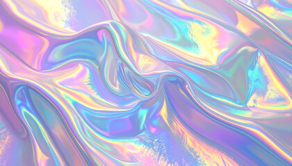 Obraz premium Vibrant holographic fluid with iridescent pastel colors and soft, undulating abstract waves.