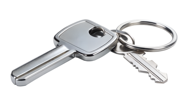 A shiny silver car key and a house key on a metal keychain, isolated on a transparent background