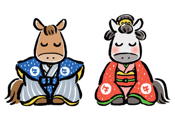 和装で新年のあいさつをする干支の馬（午）の男女