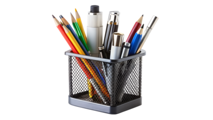 A collection of colorful pens, pencils, and markers in a black mesh desk organizer isolated on transparent background