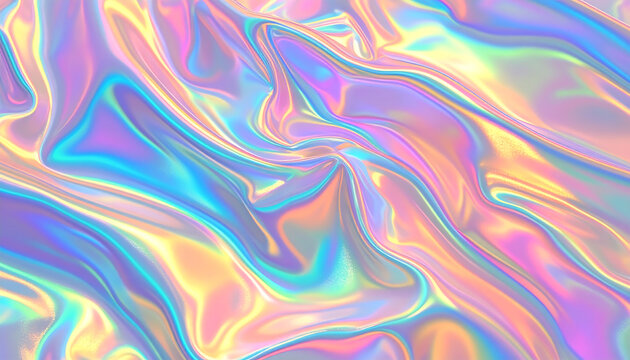 Vibrant holographic fluid with iridescent pastel colors and soft, undulating abstract waves. - Powered by Adobe