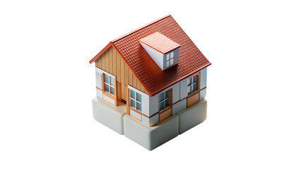 A miniature model of a house with a red roof and wooden siding, isolated on a transparent background