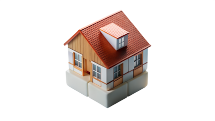 A miniature model of a house with a red roof and wooden siding, isolated on a transparent background