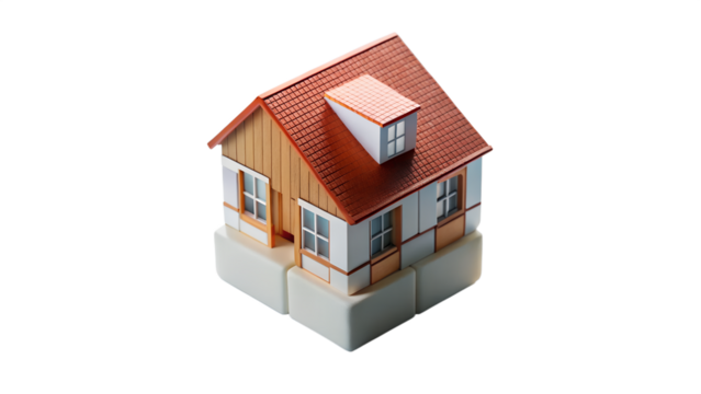 A miniature model of a house with a red roof and wooden siding, isolated on a transparent background