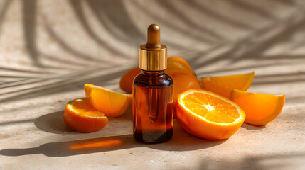 Amber dropper bottle of natural vitamin C serum with fresh orange slices on a sunny, textured background, ideal for skincare.
