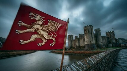 Majestic castle flag fluttering in wind against dramatic sky with river view. Saint David's Day celebration in Wales