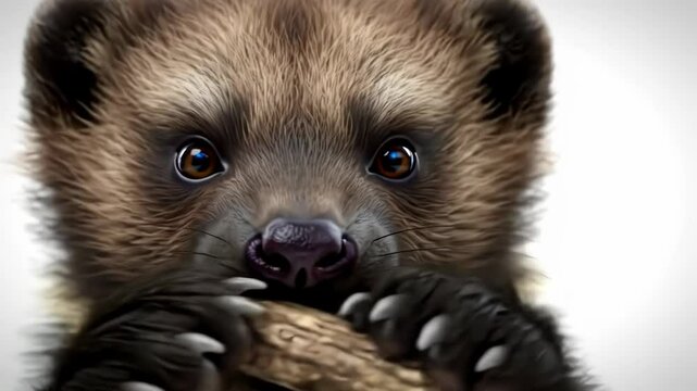 Wolverine Cub Eating Meat Isolated Close-up Detail