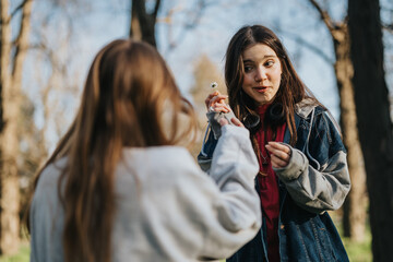 Two young girls enjoy a cheerful conversation under sunny skies within a forest. One holds a small...