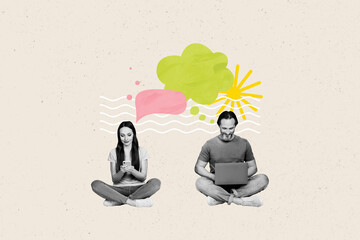 Trend artwork template 3D collage of couple ypung lady man sit down chatting hold laptop smartphone...