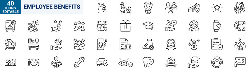 Employee benefit web line icons. Included icons as teamwork, insurance, paid Vacation, pension, social Security. Vector illustration. editable stroke