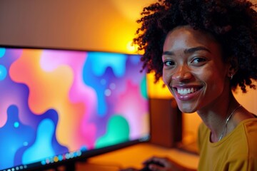 Confident young African graphic web designer surrounded by vibrant colors and geometric shapes, smiling at the camera while working on their computer in close-up shot.