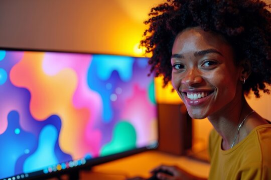 Confident young African graphic web designer surrounded by vibrant colors and geometric shapes, smiling at the camera while working on their computer in close-up shot.