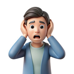 Obraz premium 3d cartoon man with wide eyes and open mouth holding ears isolated on transparent background