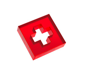 3D Red first aid icon with a white cross, symbolizing medical help and healthcare. 3d illustration