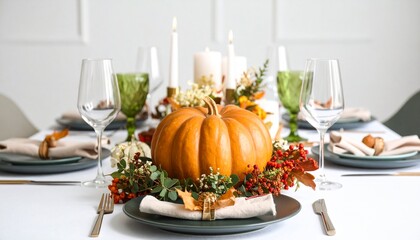 Elegant Thanksgiving table setting featuring pumpkin centerpiece, candles, and place settings.