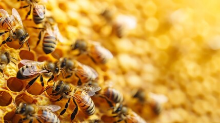Obraz premium Honey bees working on honeycomb in beehive