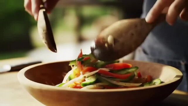 Hands toss salad wooden bowl.