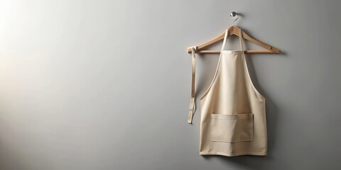 clean simple beige apron hanging on wooden hanger