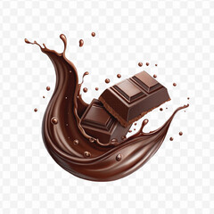 realistic 3d chocolate fluid splash flow with drops, bubbles  in curve style isolated on transparent background