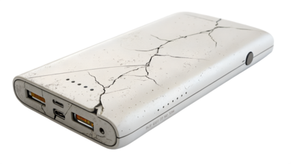 A white power bank with a cracked surface, isolated on a transparent background