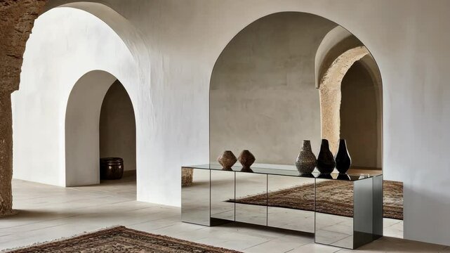 Exploring a serene interior space featuring arched architecture, reflective surfaces, and carefully arranged decorative items