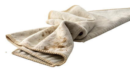 A dirty, stained cloth towel folded on a transparent background